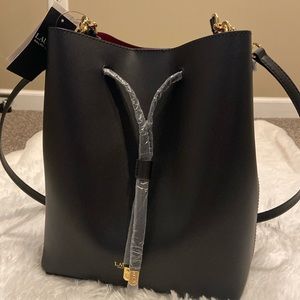 Ralph Lauren leather Debby drawstring bag. Black/red New with tags.